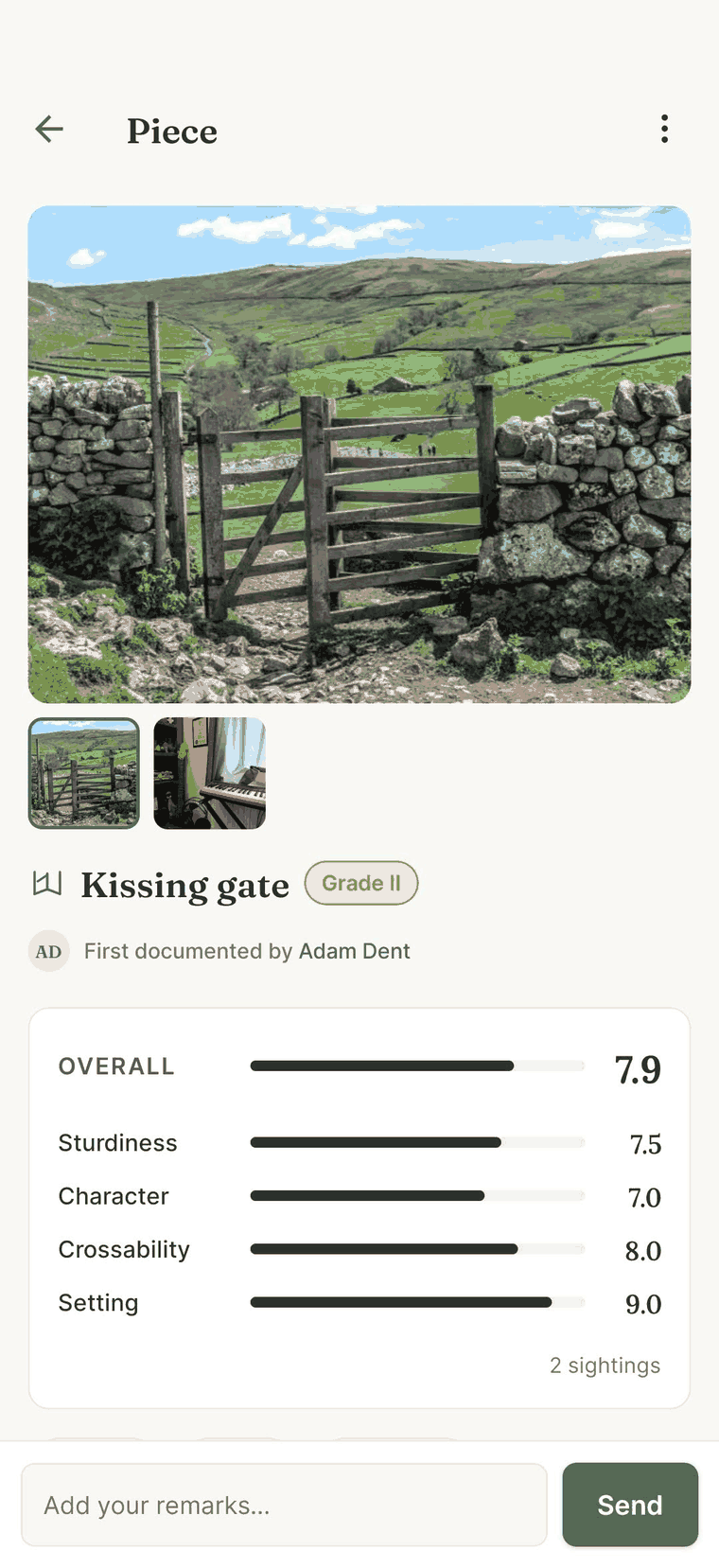 A Piece page: a kissing gate with a Grade II badge, its first documenter credited, and the aggregate appraisal across two sightings.