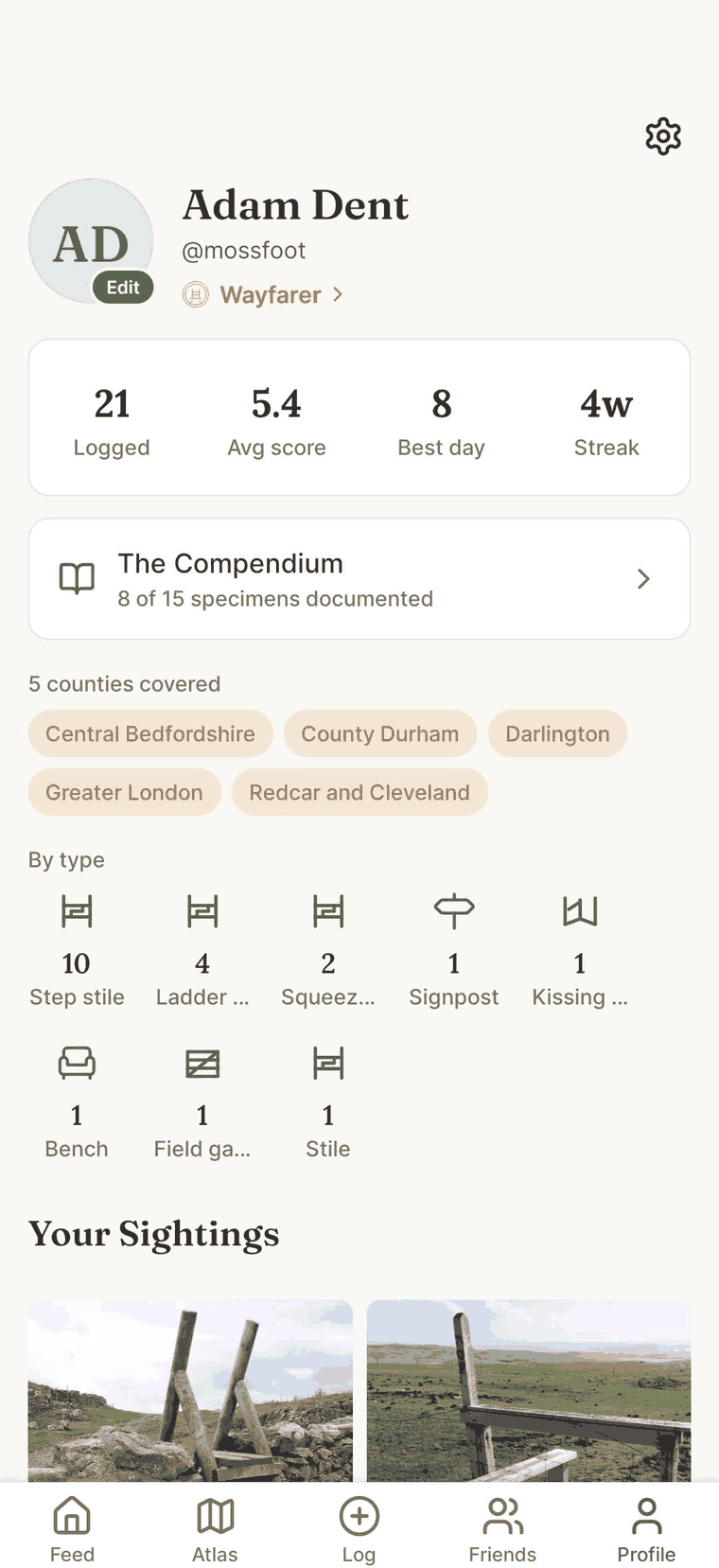 A member profile showing the rank Wayfarer, logging statistics, Compendium progress and counties covered.