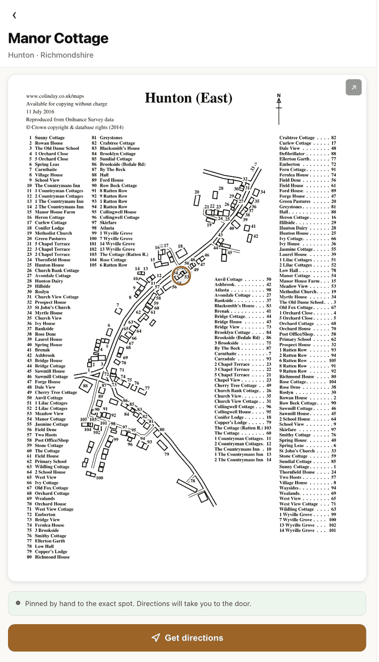 A house's page in Whereabouts: the name, a village map with the house circled, and a Get Directions button.
